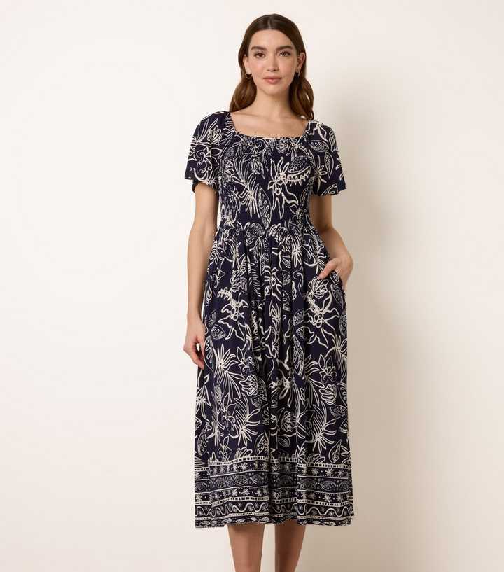 Blue Vanilla Navy Floral Shirred Midi Dress