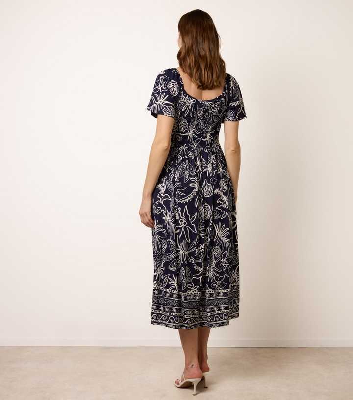 Blue Vanilla Navy Floral Shirred Midi Dress | New Look