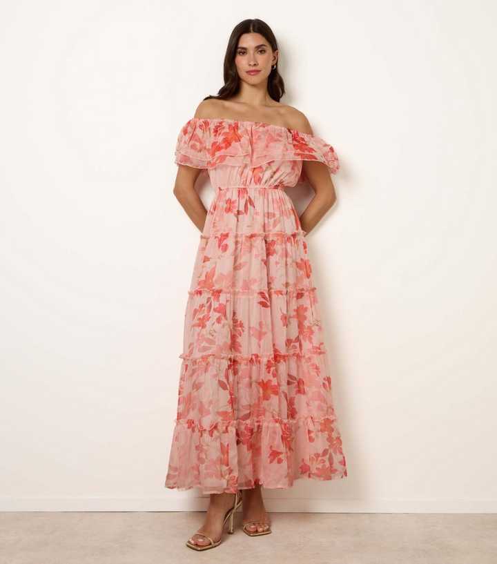 Blue Vanilla Pink Floral Off Shoulder Dress