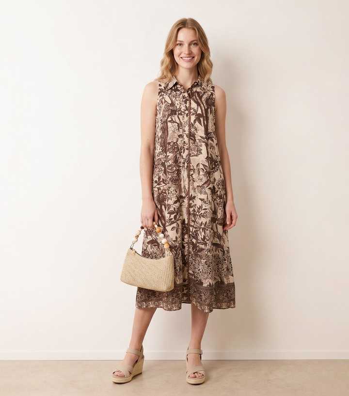 Blue Vanilla Dark Brown Sleeveless Midi Shirt Dress