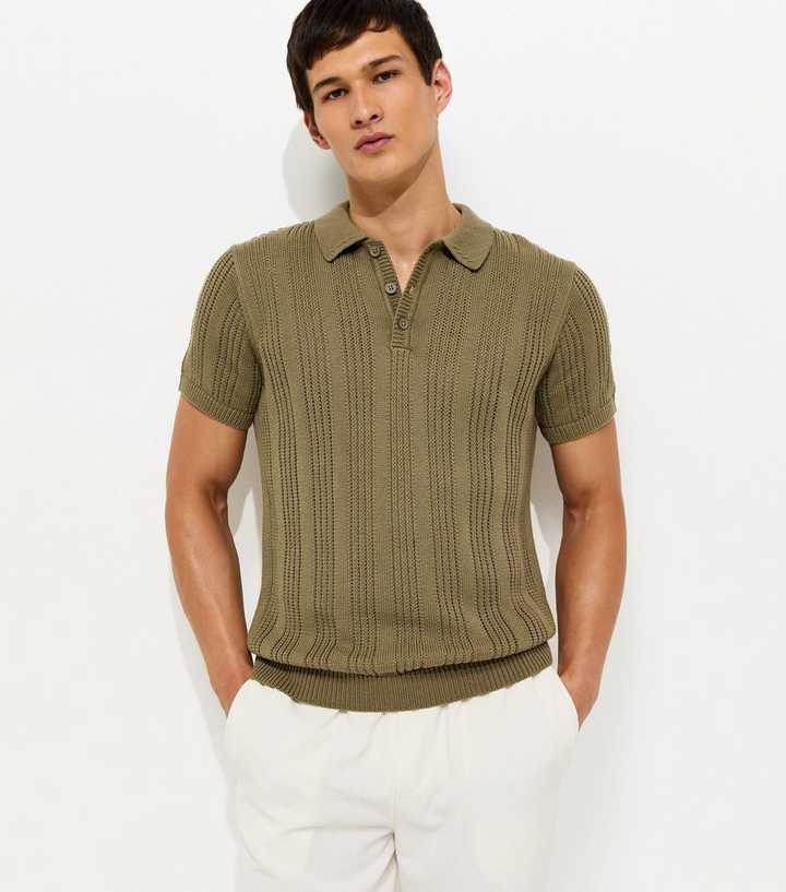 Khaki Regular Rib Knit Striped Polo Shirt