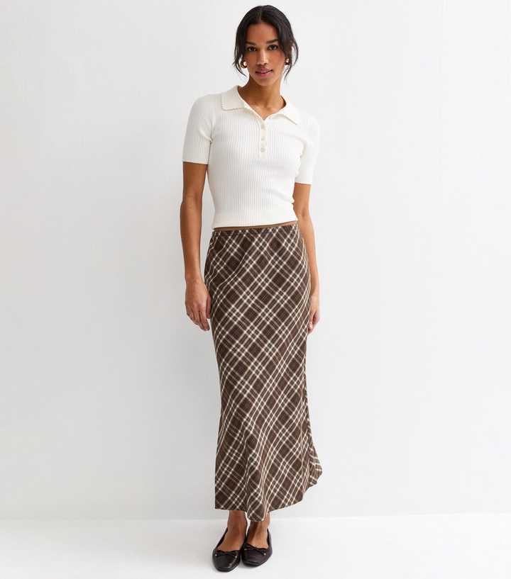 Brown Check Bias Cut Midi Skirt