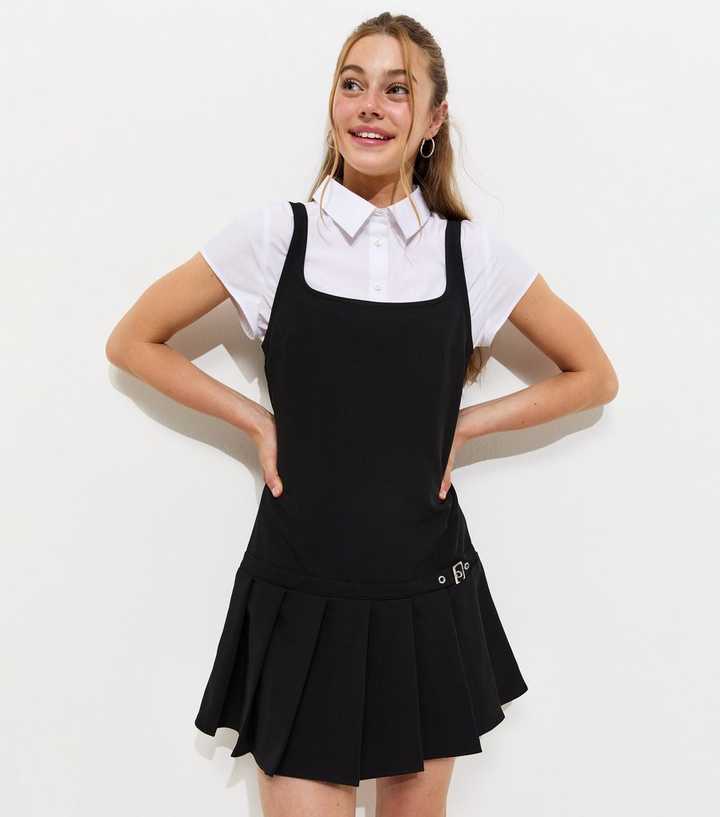 Girls Black Belted Dropwaist Pleated School Dress