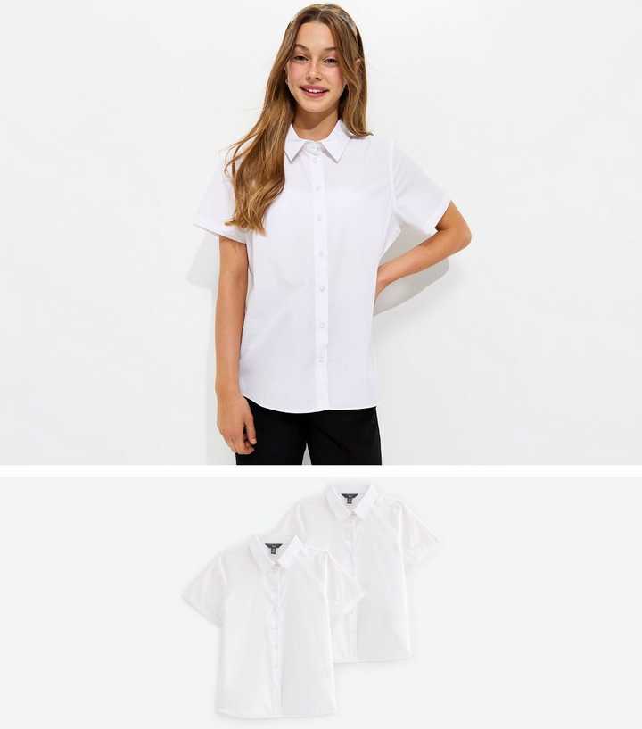 Girls White Pack Of 2 With Cotton Relaxed Short Sleeve School Shirts