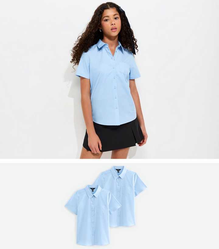 Girls Light Blue Pack Of 2 Regular Short Sleeve School Shirts