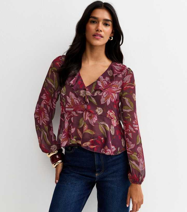 Dark Pink Floral Chiffon Tea Blouse