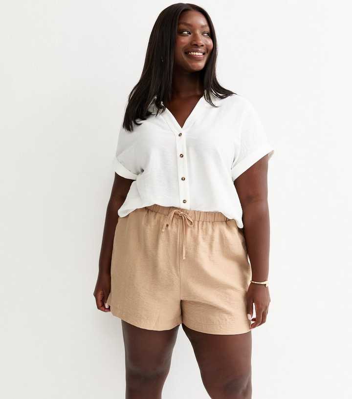 Curves Stone Crinkled Drawstring Shorts
