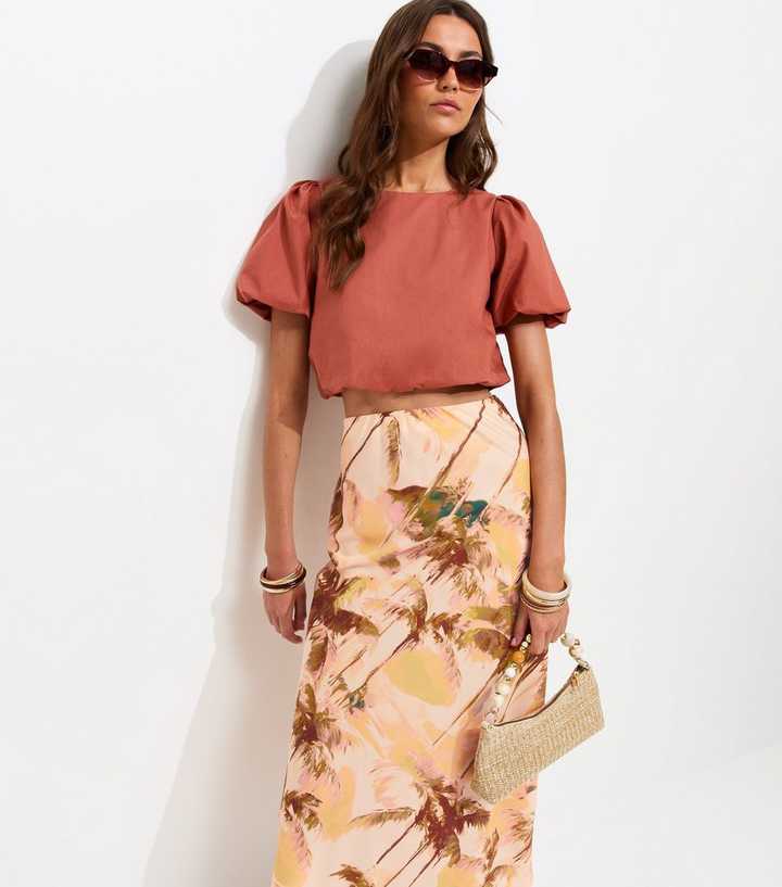 Pink Blurry Palm Tree Print Bias Cut Midi Skirt