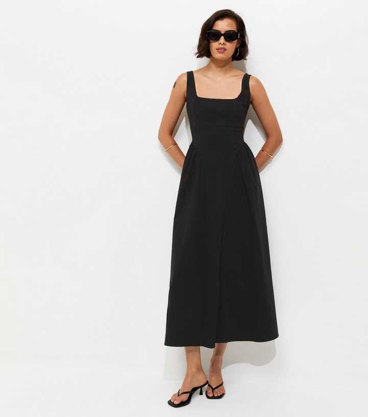 Black Square Neck Gathered Hips Midi Dress