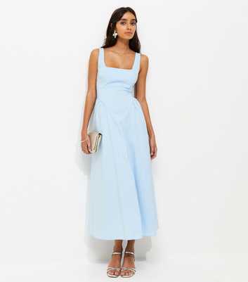 Light Blue Square Neck Gathered Hips Midi Dress