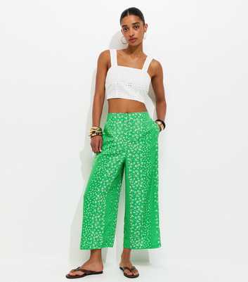 Green Floral Print Cropped Wide Leg Trousers