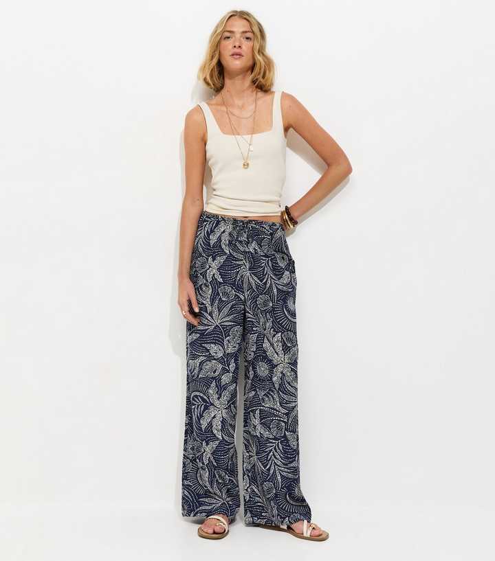 Blue Leaf Print Drawstring Wide Leg Trousers