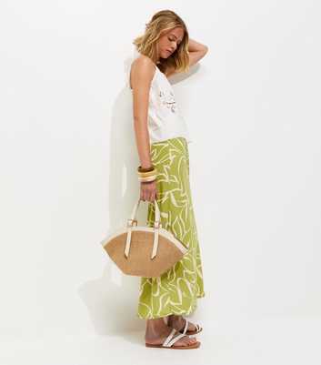 Light Green Crepe Sketch Floral Bias Cut Midi Skirt