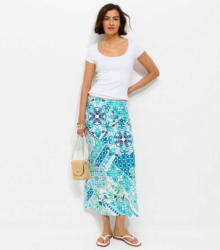 Blue Tile Print Bias Cut Midi Skirt