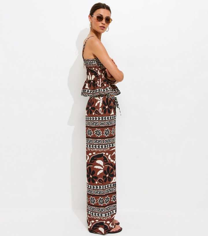 Brown Palm Tree Print Wide Leg Trousers