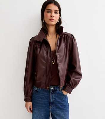 Burgundy Faux Leather Funnel Neck Jacket