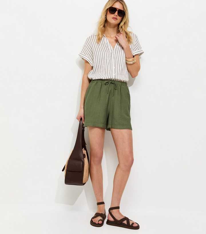 Tall Dark Khaki Crinkled Drawstring Shorts