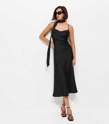Black Satin Slip Midi Dress with Scarf