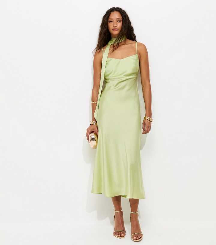 Light Green Satin Slip Midi Dress with Scarf | New Look