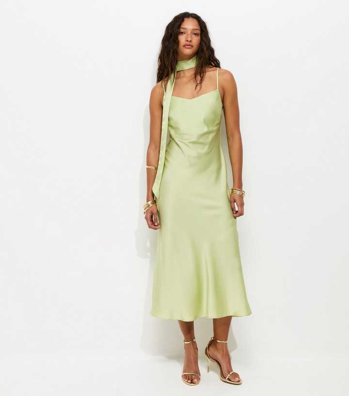 knee length dresses for ladies Sage Green Slip Dress - Satin Midi Dress Minimalist Style main image 0