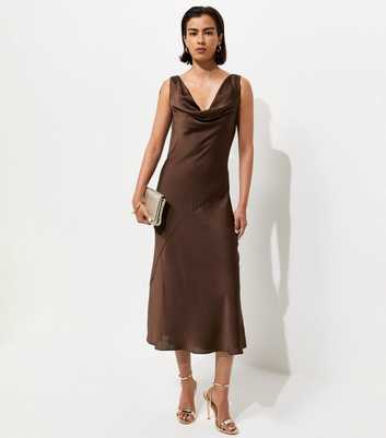 Dark Brown Satin Cowl Neck Sleeveless Maxi Dress