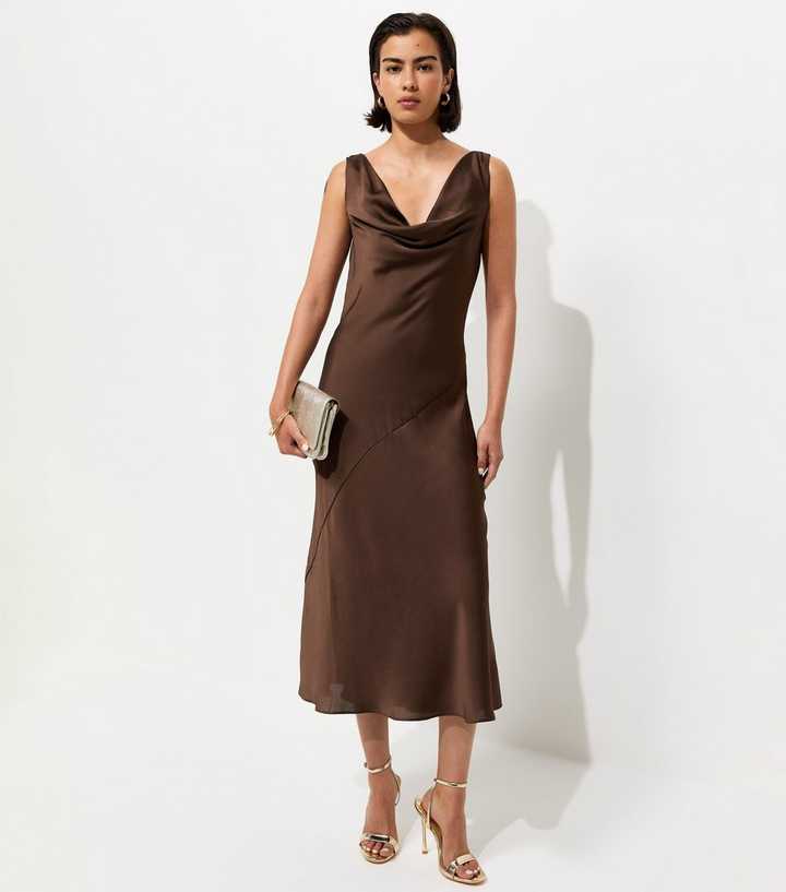 Dark Brown Satin Cowl Neck Sleeveless Maxi Dress | New Look
