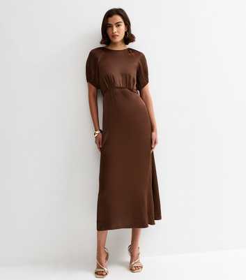 Dark Brown Satin Puff Sleeve Midi Dress