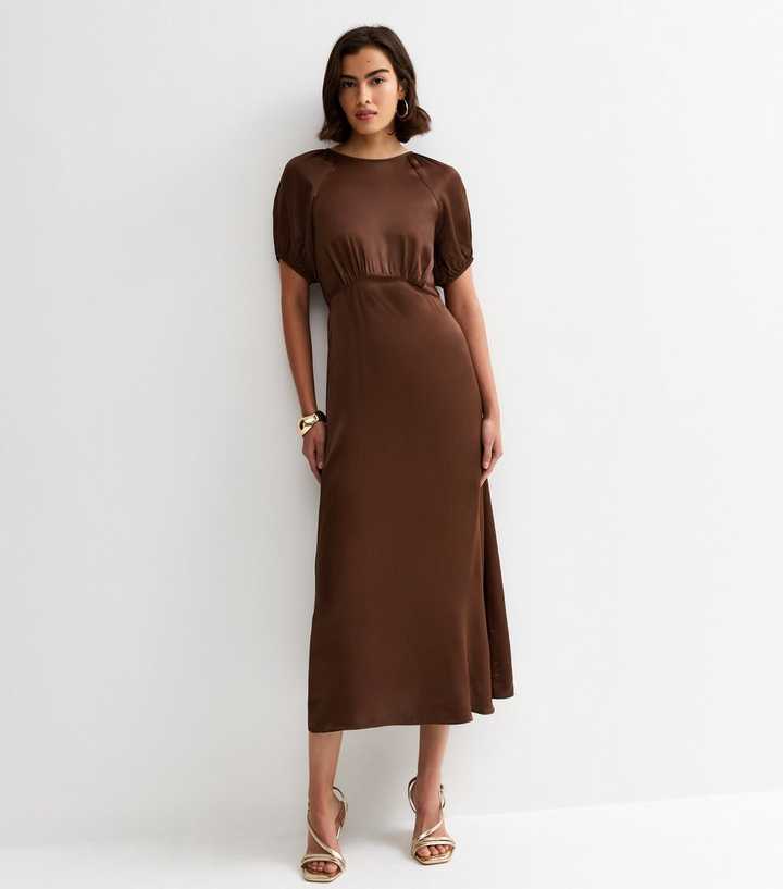 Dark Brown Satin Puff Sleeve Midi Dress