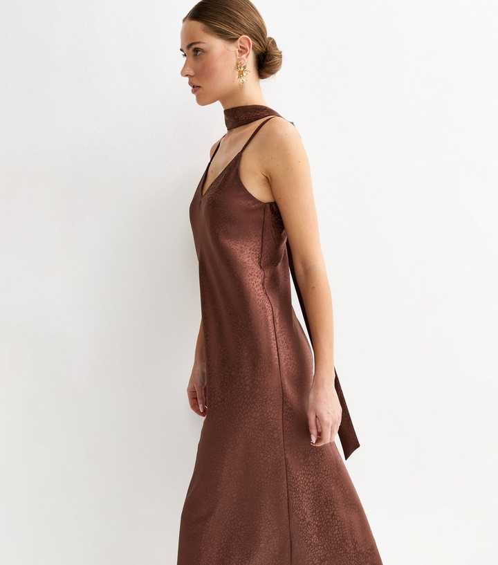 Dark Brown Satin Slip Midi Dress with Scarf | New Look Dark Brown Satin Slip Midi Dress with Scarf | New Look