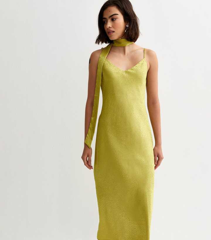 Light Green Satin Slip Midi Dress with Scarf