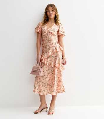 Pink Rose Print Tiered Ruffle Midi Dress