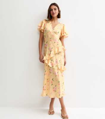 Light Yellow Blurred Floral Tiered Ruff Midi Dress
