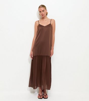 Dark Brown Satin and Chiffon Maxi Dress | New Look
