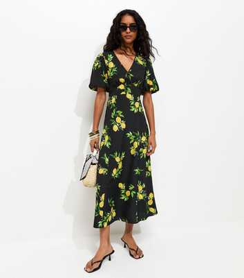 Black Lemon Print Puff SLeeve Midi Dress