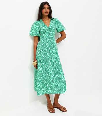 Green Crepe Ditsy Print Puff Sleeve Tie Front Midi Dress