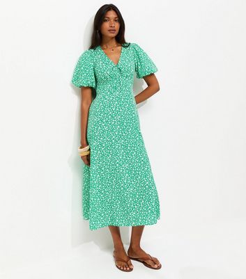 Green Crepe Ditsy Print Puff Sleeve Tie Front Midi Dress Green Crepe Ditsy Print Puff Sleeve Tie Front Midi Dress
