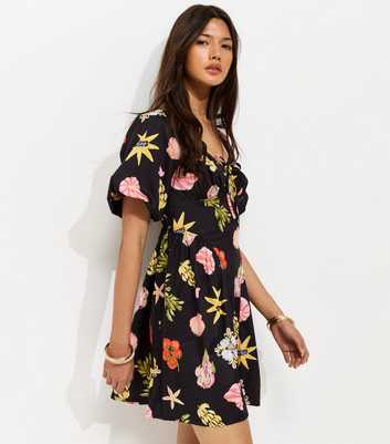 Black Tomato Print Puff Sleeve Mini Dress