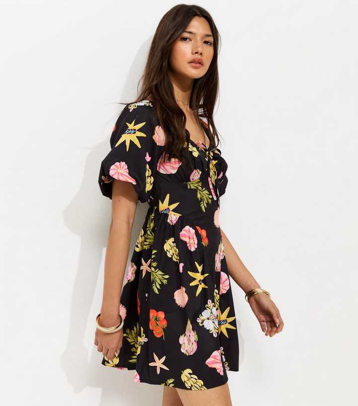 Black Tomato Print Puff Sleeve Mini Dress