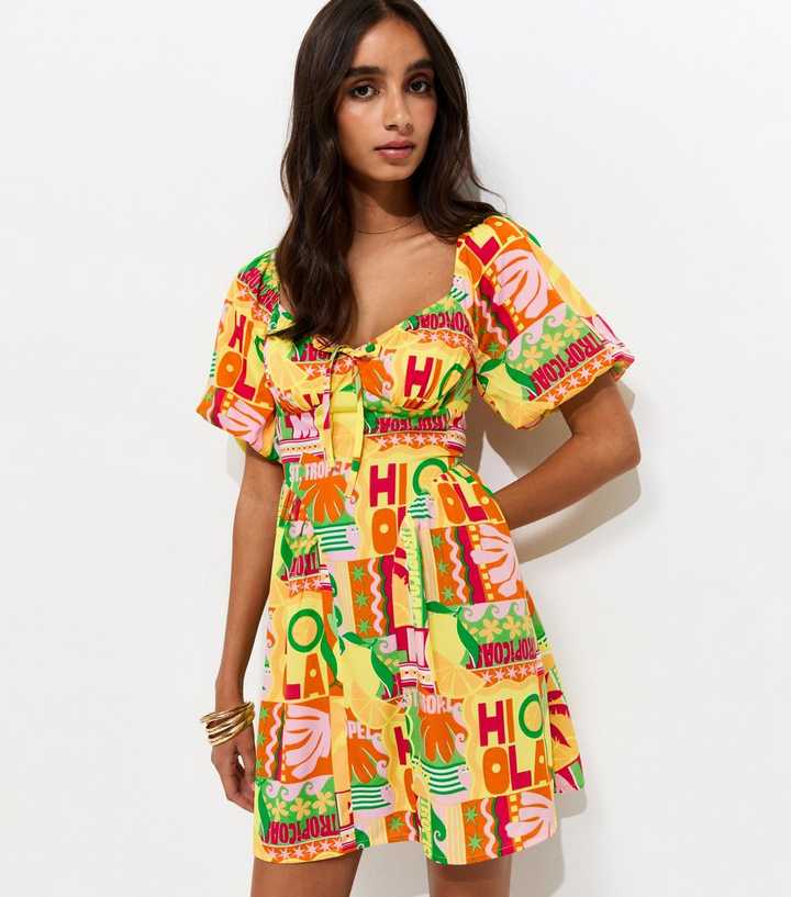 Yellow St Tropez Print Puff Sleeve Mini Dress