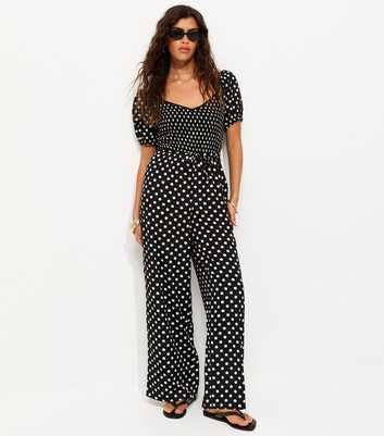 Black Crepe Polka Dot Shirred Jumpsuit