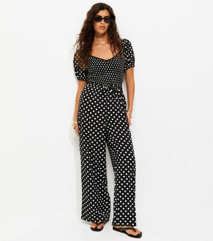Black Crepe Polka Dot Shirred Jumpsuit