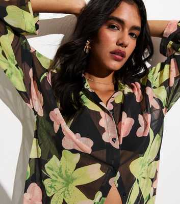 Black Oversized Flower Print Beach Shirt