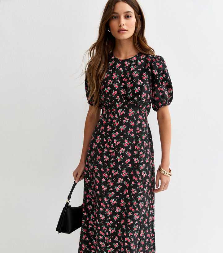 Black Ditsy Floral A-line Midi Dress | New Look