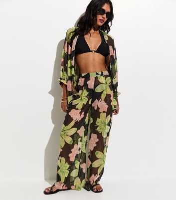 Black Floral Print Semi-Sheer Beach Trousers