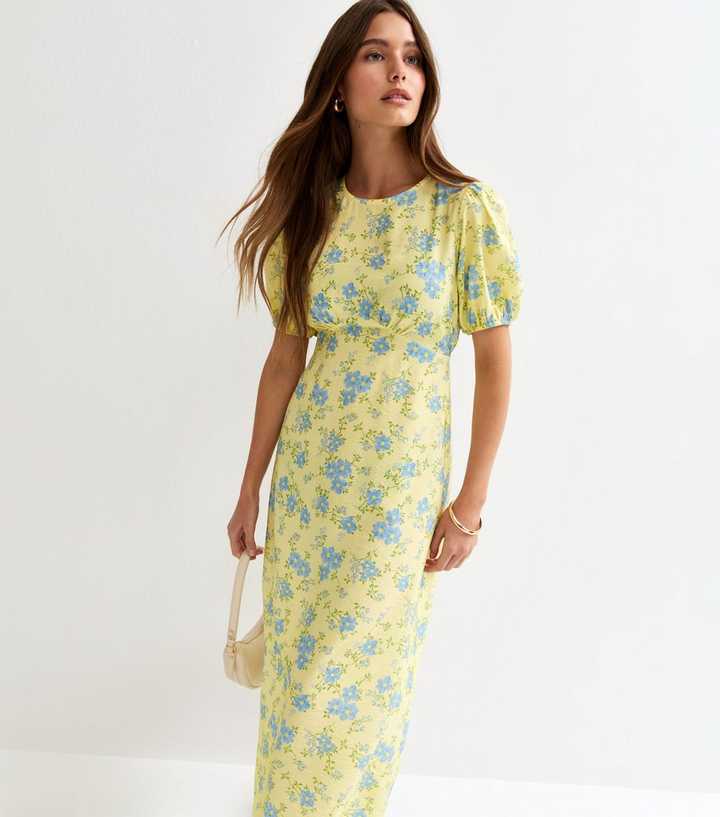 Light Yellow Floral Pattern Crew Neck Midi Dress