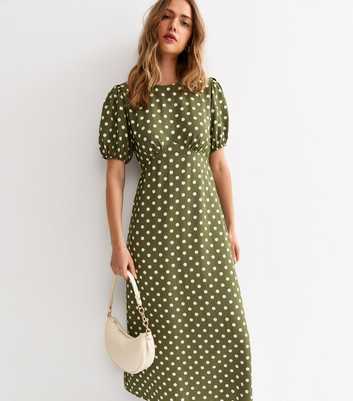 Khaki Polka Dot Crew Neck Midi Dress