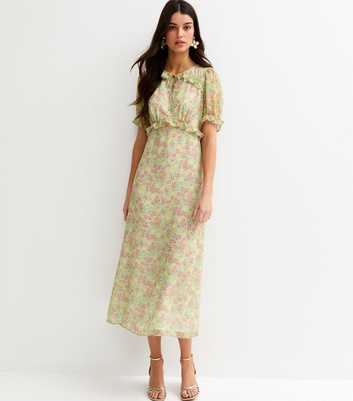 Green Daisy Print Ruffled Chiffon Midi Dress