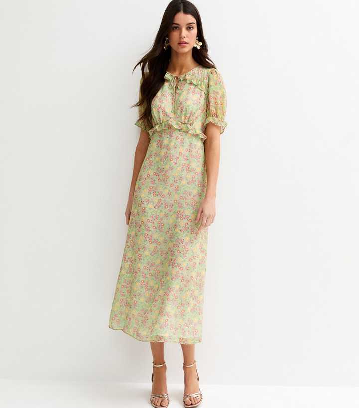 Green Daisy Print Ruffled Chiffon Midi Dress