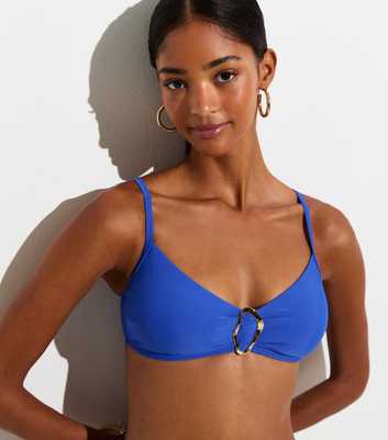 Dark Blue Gold Tone Wiggle Buckle Crop Bikini Top