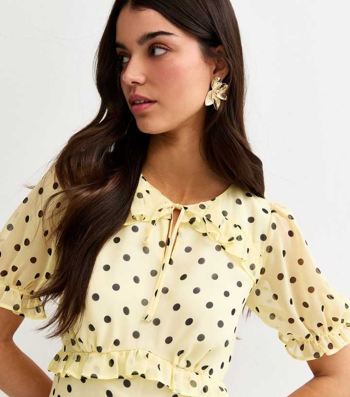 Yellow Chiffon Polka Dot Short Sleeve Midi Dress | New Look